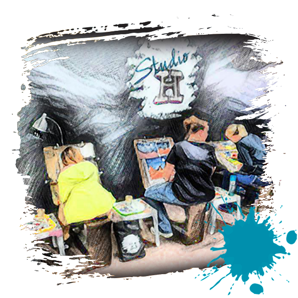 drawing of artists working